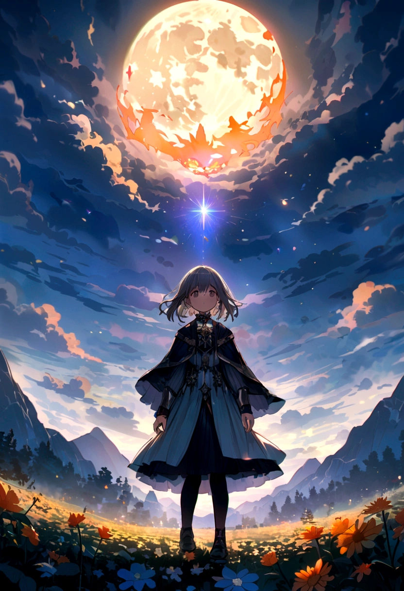 Vast landscape photography,(View from below,There's a sky above,Below is an open field),A little boy stood in a flower field and looked up,(full moon:1.2),(meteor:0.9),(Star Cloud:1.3),Fir Mountain, Tree BREAK Making Art,(Warm light source:1.2),(Glow worms:1.2),The lamp lights up,Lots of purple and orange,Intricate details,Volumetric Lighting Break(masterpiece:1.2),(Highest quality),4K,Super detailed,(Dynamic configuration:1.4),Rich in details,Variety of colors,(Iridescent colors:1.2),(The light shines,Atmospheric lighting),dream Magic,Magic,(solo:1.