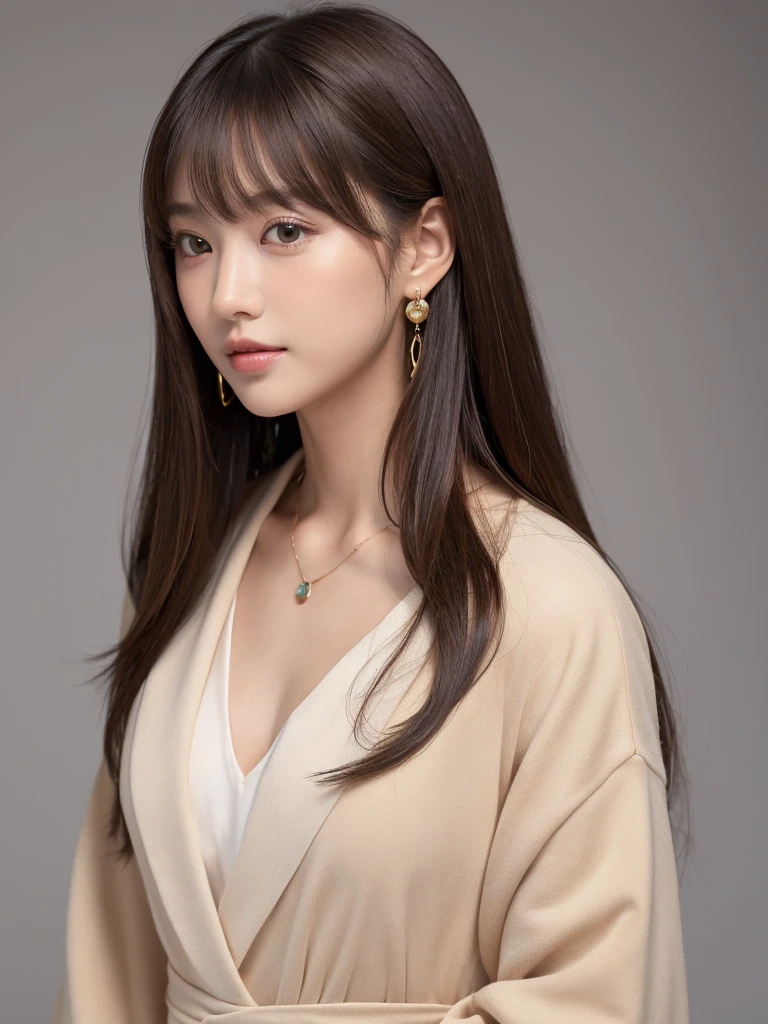 ((Highest quality, 8K, masterpiece:1.3)), concentrate: 1.2, Perfect body beauty: 1.4, Hips: 1.2, ((Long Hair, chest: 1.2)), (Dry clothes: 1.1) , (clear, Simple Background:1.3), Simple clothes: 1.1, Highly detailed face and skin texture,Delicate eyes, double eyelid, Whitened skin, Rough skin、Long Hair、Earrings with bangs、necklace、 solo、Beige coat、White shirt, (((Beautiful girl with cute Japan)))、 ((Beautiful Japanese girl 20 years old))、 ((Baby Face))、 (((Slender body)))、 Upper Body,Face focus、necklace,Simple Background,From above, Realistic Hair、 A photograph was taken:Canon EOS R6、135mm、1/1250 seconds、f2.8、ISO400、(Detailed explanation of the hand)、(Masseter muscle area)、(Exquisite CG)、Long Hair, loose and curly hair、Korean Hair、Long Hair明るいベージュ色、グラデーションハイライトグレージュのゆるふわLong Hairスタイル、