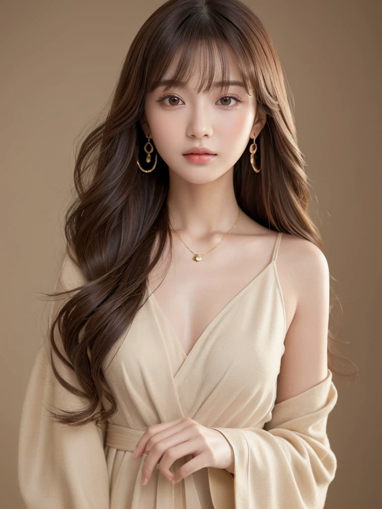 ((Highest quality, 8K, masterpiece:1.3)), concentrate: 1.2, Perfect body beauty: 1.4, Hips: 1.2, ((Long Hair, chest: 1.2)), (Dry clothes: 1.1) , (clear, Simple Background:1.3), Simple clothes: 1.1, Highly detailed face and skin texture,Delicate eyes, double eyelid, Whitened skin, Rough skin、Long Hair、Earrings with bangs、necklace、 solo、Beige coat、White shirt, (((Beautiful girl with cute Japan)))、 ((Beautiful Japanese girl 20 years old))、 ((Baby Face))、 (((Slender body)))、 Upper Body,Face focus、necklace,Simple Background,From above, Realistic Hair、 A photograph was taken:Canon EOS R6、135mm、1/1250 seconds、f2.8、ISO400、(Detailed explanation of the hand)、(Masseter muscle area)、(Exquisite CG)、Long Hair, loose and curly hair、Korean Hair、Long Hair明るいベージュ色、グラデーションハイライトグレージュのゆるふわLong Hairスタイル、