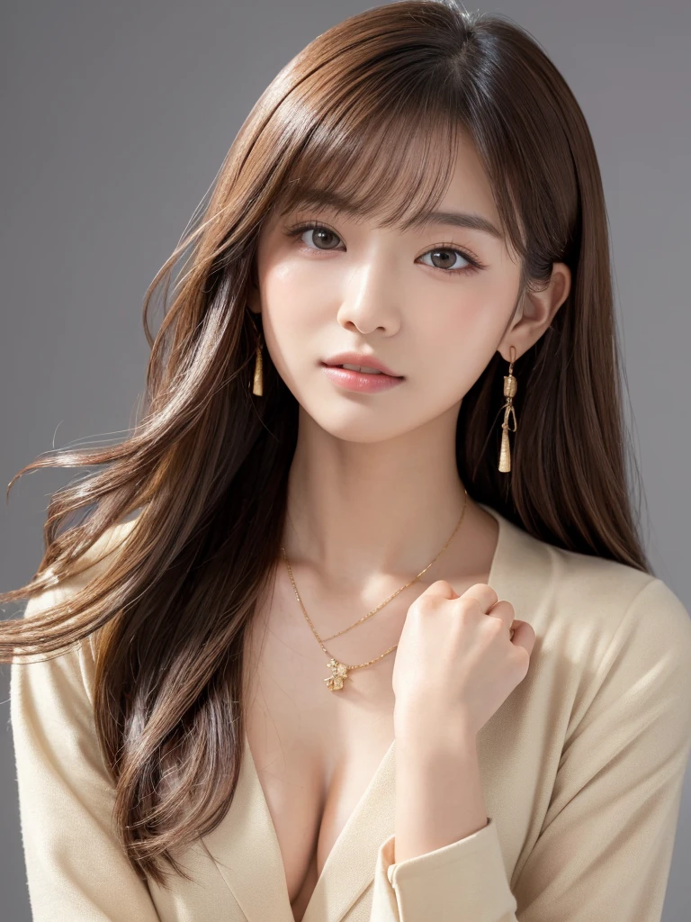 ((Highest quality, 8K, masterpiece:1.3)), concentrate: 1.2, Perfect body beauty: 1.4, Hips: 1.2, ((Long Hair, chest: 1.2)), (Dry clothes: 1.1) , (clear, Simple Background:1.3), Simple clothes: 1.1, Highly detailed face and skin texture,Delicate eyes, double eyelid, Whitened skin, Rough skin、Long Hair、Earrings with bangs、necklace、 solo、Beige coat、White shirt, (((Beautiful girl with cute Japan)))、 ((Beautiful Japanese girl 20 years old))、 ((Baby Face))、 (((Slender body)))、 Upper Body,Face focus、necklace,Simple Background,From above, Realistic Hair、 A photograph was taken:Canon EOS R6、135mm、1/1250 seconds、f2.8、ISO400、(Detailed explanation of the hand)、(Masseter muscle area)、(Exquisite CG)、Long Hair, loose and curly hair、Korean Hair、Long Hair明るいベージュ色、グラデーションハイライトグレージュのゆるふわLong Hairスタイル、