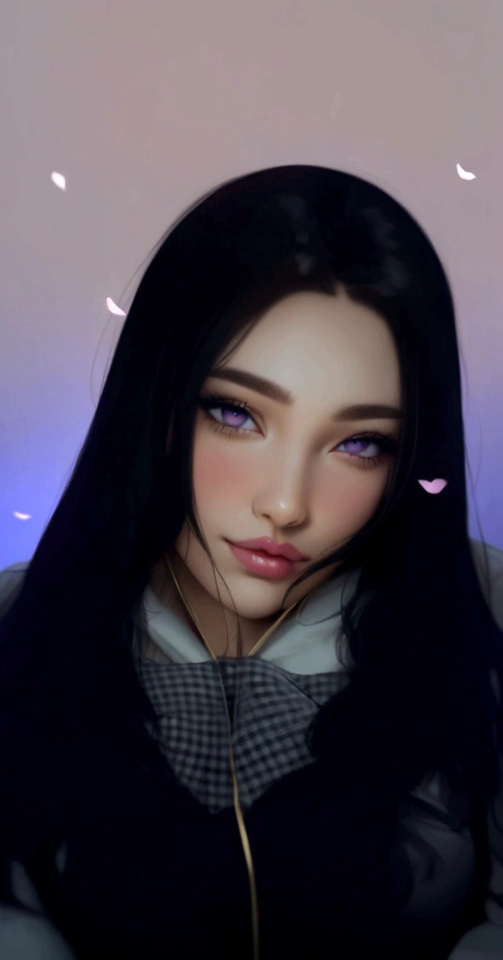 masterpiece, absurdres, hinata\(boruto\), 1girl, solo,mature female, tshirt v neck, high waist mini skirt, looking at viewer, (falling petals), perfect composition, detailed lips, big breast, beautiful face, body propotion, blush, (pink lips), long hair, purple eyes, soft gaze, super realistic, detailed, photoshoot, realistic face and body, cleavage