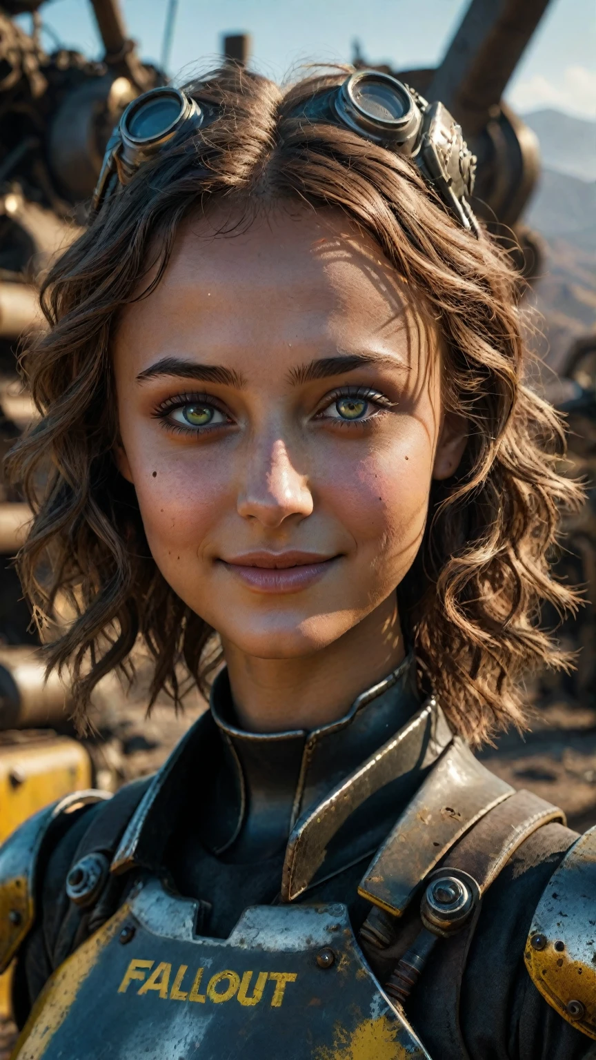 a smiling Ella Purnell, detailed and intricate, in a Fallout-inspired setting, highly detailed portrait, realistic, photorealistic, stunning lighting, 8k, best quality, masterpiece, ultra-detailed, physically-based rendering, extreme detail description, vivid colors, cinematic lighting, dramatic pose, post-apocalyptic, retrofuturistic, intricate machinery, advanced technology, glowing neon lights, dystopian atmosphere. beautiful detailed eyes, beautiful detailed lips, extremely detailed face and portrait, longeyelashes, smiling, Fallout power armor, post-apocalyptic wasteland, highly detailed, photorealistic, cinematic lighting, dynamic pose, dramatic angle, complex background, vibrant colors, gritty atmosphere, hyper-detailed, ambient occlusion, volumetric lighting