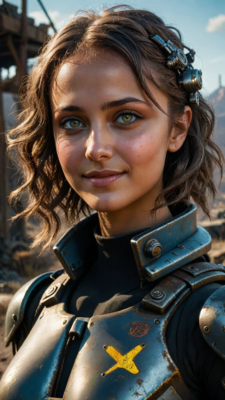 a smiling Ella Purnell, detailed and intricate, in a Fallout-inspired setting, highly detailed portrait, realistic, photorealistic, stunning lighting, 8k, best quality, masterpiece, ultra-detailed, physically-based rendering, extreme detail description, vivid colors, cinematic lighting, dramatic pose, post-apocalyptic, retrofuturistic, intricate machinery, advanced technology, glowing neon lights, dystopian atmosphere. beautiful detailed eyes, beautiful detailed lips, extremely detailed face and portrait, longeyelashes, smiling, Fallout power armor, post-apocalyptic wasteland, highly detailed, photorealistic, cinematic lighting, dynamic pose, dramatic angle, complex background, vibrant colors, gritty atmosphere, hyper-detailed, ambient occlusion, volumetric lighting