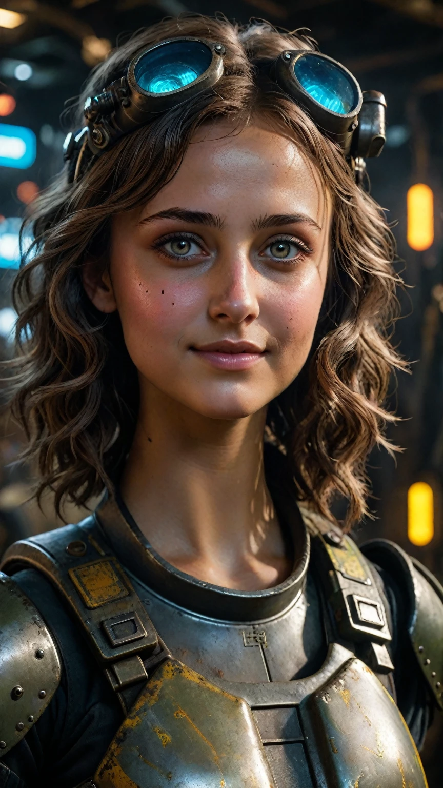 a smiling Ella Purnell, detailed and intricate, in a Fallout-inspired setting, highly detailed portrait, realistic, photorealistic, stunning lighting, 8k, best quality, masterpiece, ultra-detailed, physically-based rendering, extreme detail description, vivid colors, cinematic lighting, dramatic pose, post-apocalyptic, retrofuturistic, intricate machinery, advanced technology, glowing neon lights, dystopian atmosphere. beautiful detailed eyes, beautiful detailed lips, extremely detailed face and portrait, longeyelashes, smiling, Fallout power armor, post-apocalyptic wasteland, highly detailed, photorealistic, cinematic lighting, dynamic pose, dramatic angle, complex background, vibrant colors, gritty atmosphere, hyper-detailed, ambient occlusion, volumetric lighting