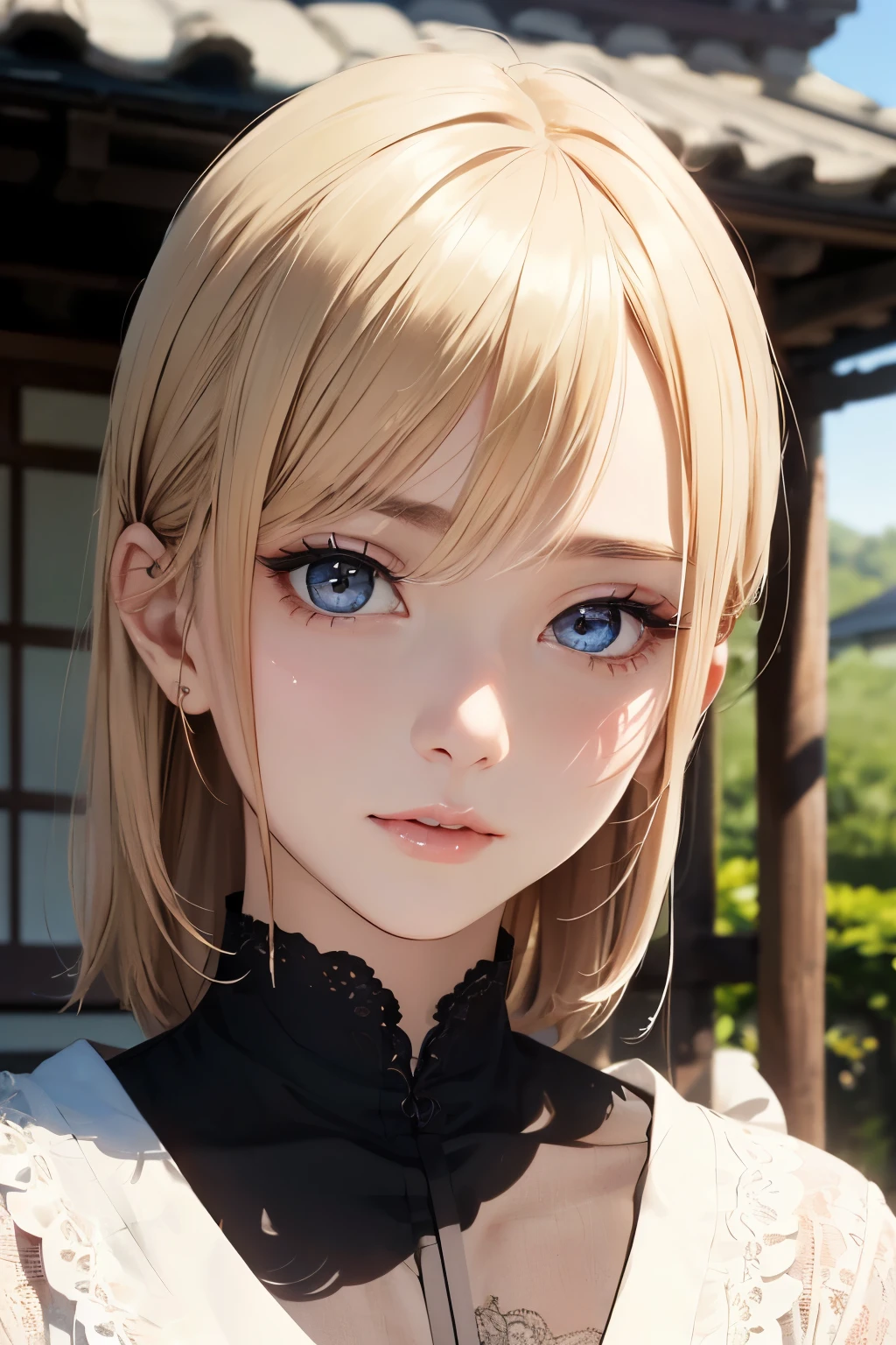 highest quality、masterpiece、Super detailed、ultra high resolution、slender、medium bust、(whole body:1.2)、looking at the camera、High definition background、realistic eyes、Sharp eyes、blurred background、(very detailed face and eyes、beautiful face、super detailed skin、Fine skin texture:1.3)、Japanese-style house、veranda、shoji、Spring landscape、
