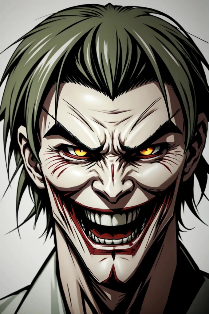 Draw in anime form the most psychopathic and crazy soldier, with an evil smile