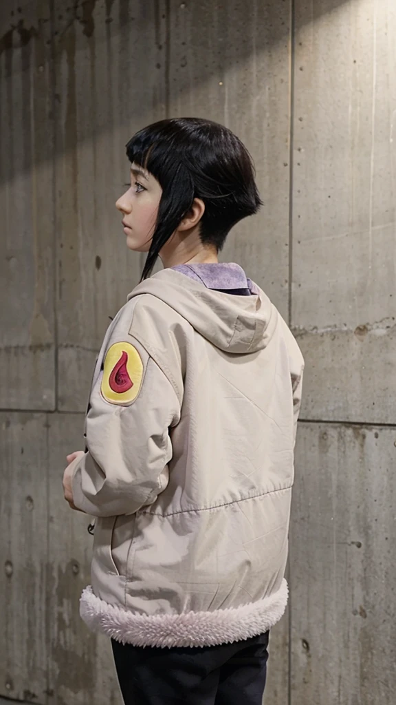 Create a 12 Year-old girl, short black hair at the back of her head, lilac eyes, light beige jacket, appearance of Hinata hyga https://images.app.goo.gl/D1u7TbTy45YC7SN98