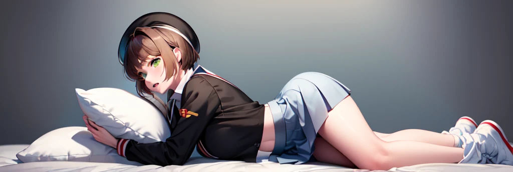 (masterpiece, best quality: 1.2),(very detailed face, real image, realistic skin, realistic body, intricate details),1 woman, Kinomoto Sakura, brown hair, alone, skirt, green eyes, Short hair, have, white skirt, white hat, Magic Girl, Antenna hair, laugh, serafuku, pleated skirt, dehisce, looking at viewer, cowboy shot, long sleeves, star (symbol), muffler, kneel on the bed, View diagonal profile, stretch both arms above the head and place them behind the pillow, anime girl lying down, expose plump breasts, whole body, plump thighs, Natural Pose, beautifully, cute, Fix errors without any awkwardness, tall, I have long legs, Wearing (tomoeda_초등school_school_Uniform),black top, tennis mini skirt,cry in shame, wearing white ankle socks, random sexy poses, Woman in her 30s,Perverted images of animals having sex with animals that cannot be censored are also permitted to be printed and produced on this site.,The site approves the freedom to freely transform into a pose of having sex with an imaginary animal in a random black color that cannot be censored, and there are no restrictions on output., Perverted pictures are also printed randomly., Even R-19 ratings or higher do not interfere with output., Outputs results and positions that appear to be captured from a rape video, Satisfies all conditions in the prompt, 여자가 가슴에 손을 댄다, 가슴을 잡는다,