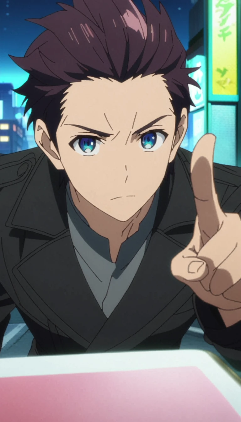 A closeup of a 29 year old man, Black Trench Coat, looking at the viewer, (Alone), Finger Peace Pose, full body shot, on a night street in the background, anime screencap, Masterpiece, The best quality, high detail
