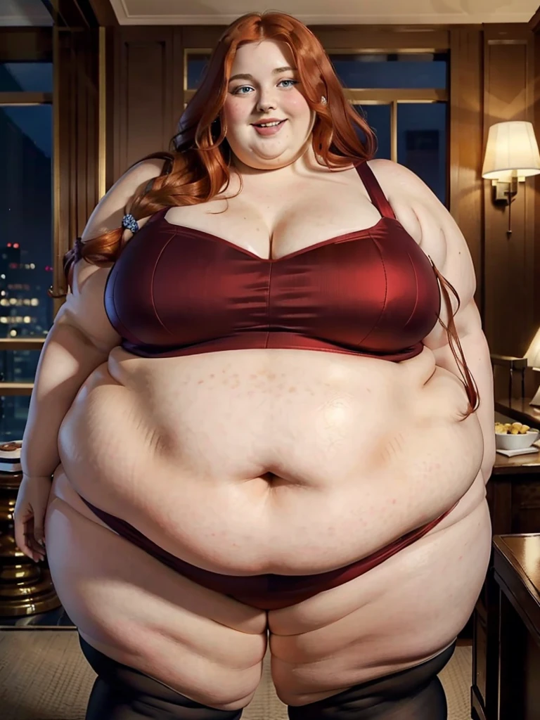 The most beautiful very obese young obese ussbbw fat redhead woman with long rich curly natural ginger hair, natural beautiful cute face, blue eyes, freckles on face and body, busty obese ussbbw fat feminine body, huge fat obese bloated soft belly, very wide hips and large fat booty, fat arms, thicc fat wide obese legs in a beautiful tight red dress and black long stockings standing and smiling in a fancy VIP palace at night