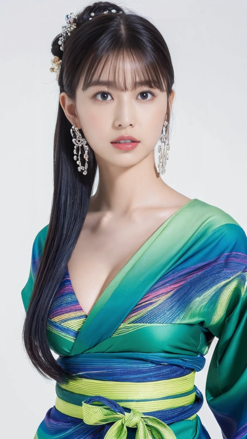 (masterpiece, Highest quality, High resolution:1.4), wallpaper, whole body, One girl, Long Hair, (Blue Hair:1.0), (Black Hair:1.0), Green Eyes, Multicolored Hair, Gradient Hair, Large Breasts, Turn to the side, yukata , Have a popper, night, Hair Clip, bangs,