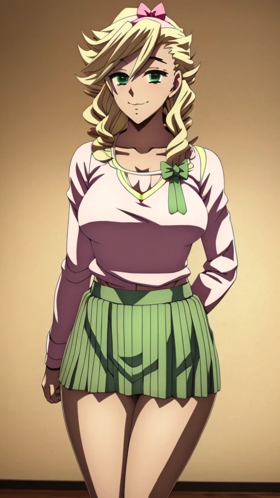 In anime A  demon girl Sexy young beautiful attractive beautiful popular yellow hair long curly menchon forehead pink bow her green eye dresses white blouse tied knot put on green bow chest shows navel curve wide sexy and her green skirt short black heel 