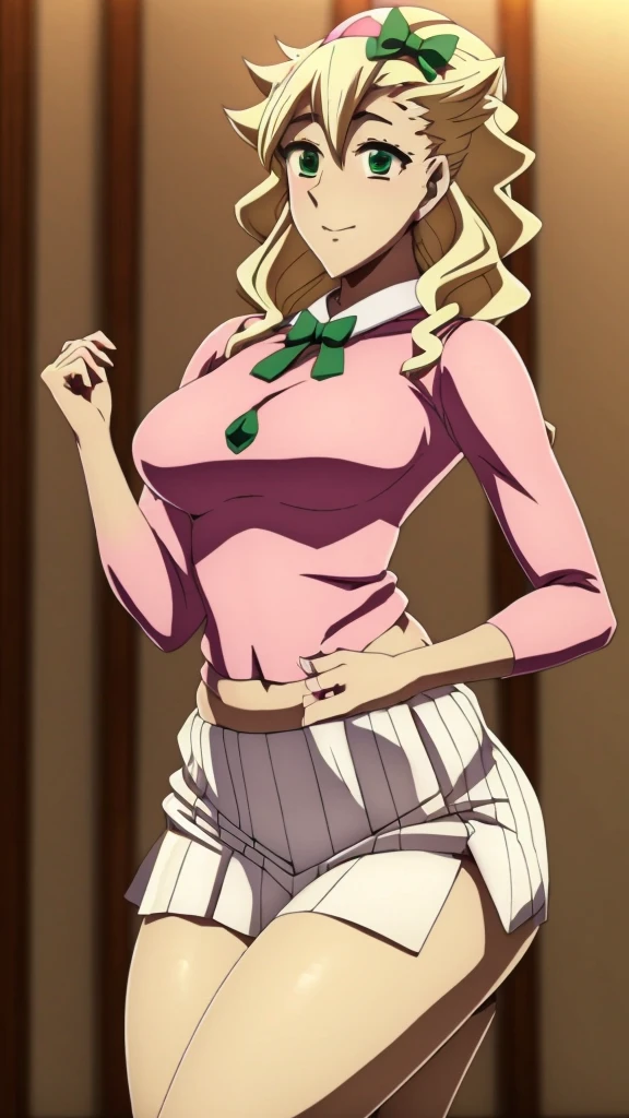 In anime A  demon girl Sexy young beautiful attractive beautiful popular yellow hair long curly menchon forehead pink bow her green eye dresses white blouse tied knot put on green bow chest shows navel curve wide sexy and her green skirt short black heel 