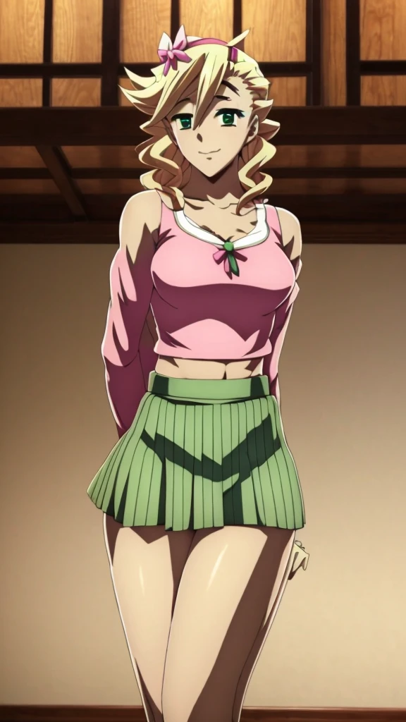 In anime A  demon girl Sexy young beautiful attractive beautiful popular yellow hair long curly menchon forehead pink bow her green eye dresses white blouse tied knot put on green bow chest shows navel curve wide sexy and her green skirt short black heel 