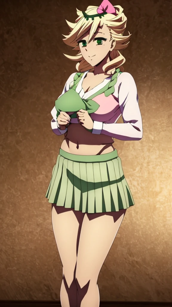 In anime A  demon girl Sexy young beautiful attractive beautiful popular yellow hair long curly menchon forehead pink bow her green eye dresses white blouse tied knot put on green bow chest shows navel curve wide sexy and her green skirt short black heel 