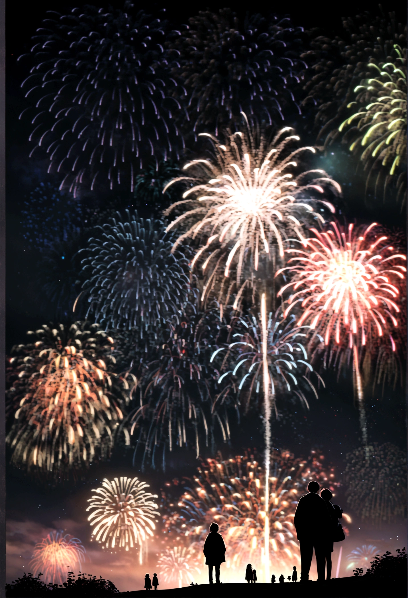 In the vast night sky,(Amazing fireworks:1.3)It's full of colorful lights,Blooms in an instant(beautiful photo:1.2)。Landscape only、There is no one、0 people