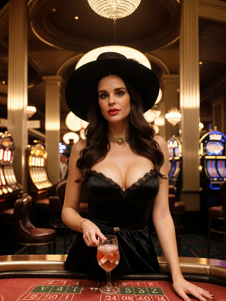 1girl, solo, photorealistic, realistic, long hair, ((ugly:1.5)), middle age, 35-year-old woman, wrinkles on her face and body, (((Caucasian woman))), straight nose, dark brown hair, diamond face shape face, white skin, thin lips, monolid eyes, (medium shot, half body), (realistic:1.3), (best quality,4k,8k,highres,masterpiece:1.2),ultra-detailed,(realistic,photorealistic,photo-realistic:1.37), retro,glamorous, ,casino chips, ,vibrant and contrasting colors, bright neon lights,stunning art deco architecture, sparkling diamonds, mysterious and seductive atmosphere, playful and confident expression, alluring gaze, classic black dress, feathers boa,reflection in a mirror, roulette table,cocktail waitress serving drinks, ,dreamy and lavish surroundings ,rich and elegant interior, heavy velvet curtains, exquisite crystal chandeliers, excitement and anticipation in the air, authentic vintage casino ambiance, rhythmic jazz music, genuine vintage slot machines,exclusive VIP area, extravagant gold accents, red velvet ropes,smoke-filled room, enticing and glamorous entertainment, distinctive retro fashion, wide-brimmed hat with a feather,h igh heels, casino floor filled with activity and energy, captivating and nostalgic atmosphere.