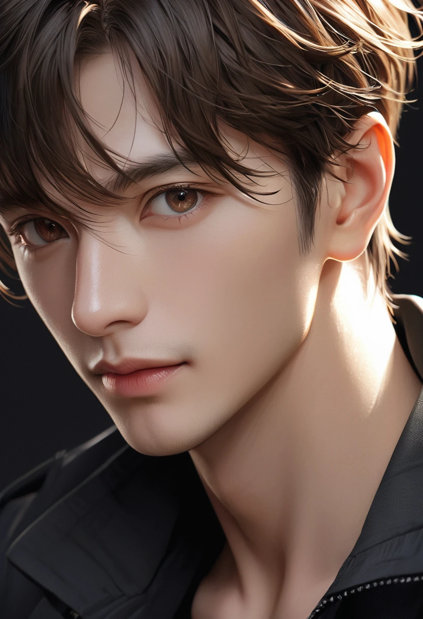 Handsome mature young boy half-length photo taken, close-up of brown-haired man wearing black windbreaker( perfect anatomy ) Face side close-up. Detailed face. realistic eyes.
The face and eyes are very detailed. Delicate skin.、Delicate skin texture smile, Black trench coat dark shadow background, black soft light, Professional photography master'Artworks, texture, complicated, Clear,
High-quality masterpieces,Extremely complicated and exquisitely detailed, Super detailed, Super detailed digital art