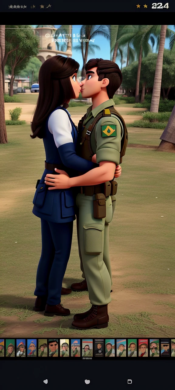 Couple (brunette man and Brazilian military army man and brunette woman) not Disney Pixar style, high qualiy, best qualityer.