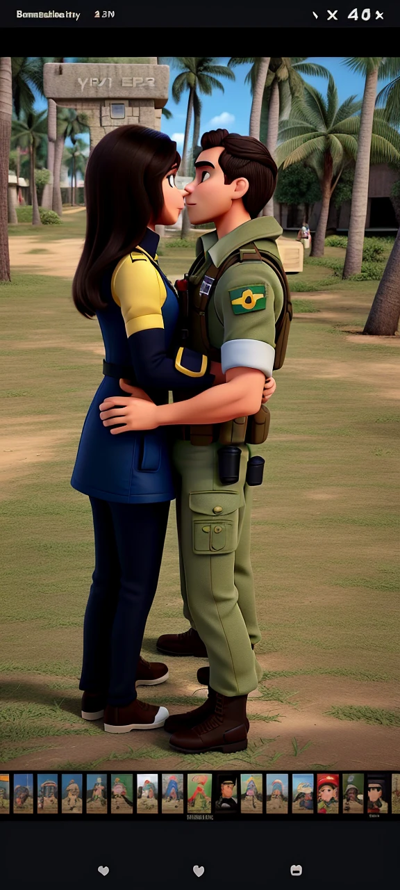 Couple (brunette man and Brazilian military army man and brunette woman) not Disney Pixar style, high qualiy, best qualityer.
