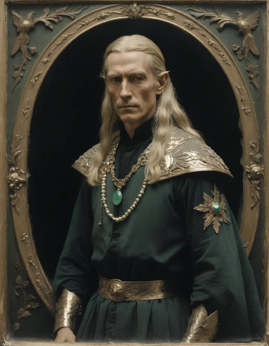 ((((Masterpiece, daguerreotype on old paper, monochrome)))), by Moebius, by Théodore Géricault, the composition is: ((Beautiful Male high elf, blonde, long hair, tan skin, chiseled face, cruel, sadistic, arrogant, villain. Wearing, art déco robes made of feathers and holographic fabric, with sequin elements, pendants of jade beads and pearls, bird symbology, star symbology. Jungle, art nouveau background))