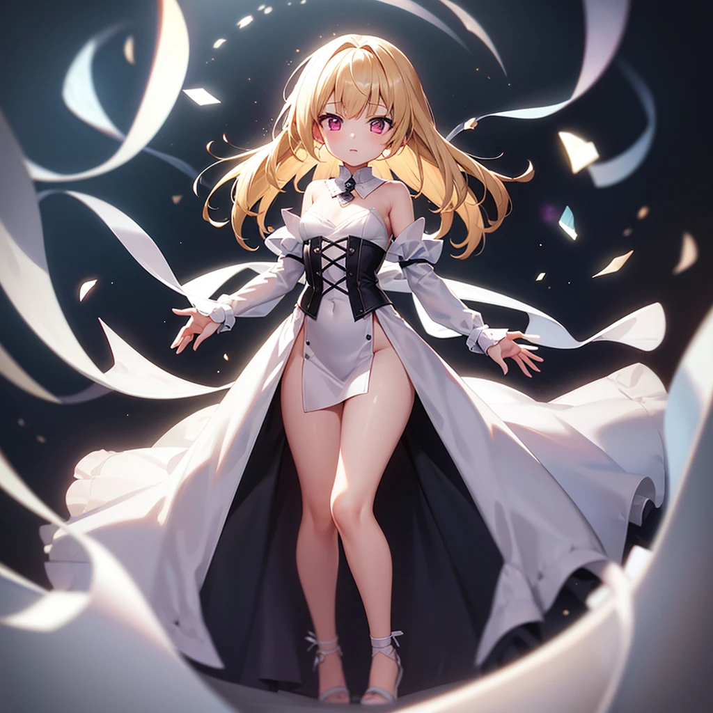 (((White Wedding Dress))), ((Revealing clothing)),((In a naughty way)),Cute little loli,Tiny Lori,Small girl,,Childish face, Very fine clean face,Top quality, Big eyes,Straight Hair,Yellow hair,Crimson Eye,(Dark Room), Subtle light, Natural light,Soft lighting,Light from directly behind, (Are standing), Cute pose, (Open your hands), Showing the whole body,Front view,Black background