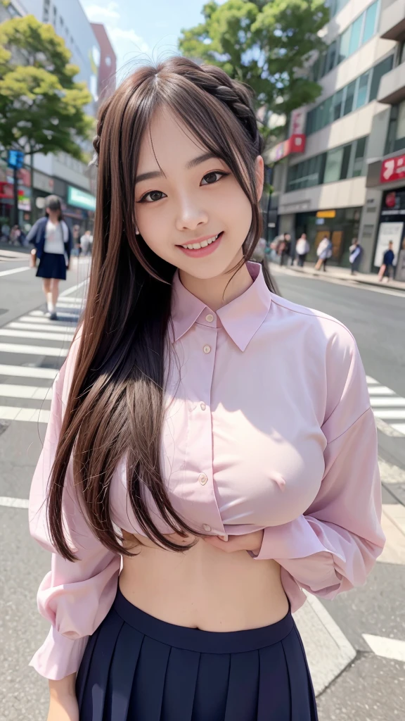 Raw photo、Ultra-realistic、Ultra detailed face、Detail lips、Detailed eyes、High school girl smiling showing her teeth、Long Hair:1.1、chest、Visible curves、Laughing with your mouth open 、Tokyo city角、 Whole body、( Slender body)、(Long Hair)、Big Breasts、Idol、(pastel colour)、18-year-old、Small face、Braid、 Tokyo city、Long beautiful legs 1.2、Curved waist、flower、uniform、blouse、Wide forehead