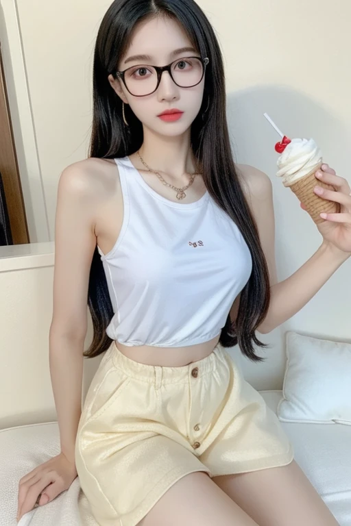 Highest quality、masterpiece、High sensitivity、High resolution、Detailed Description、Slender women、Slim Body、Glasses、Casual clothes、While walking、Eat soft serve ice cream、