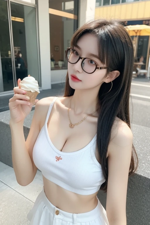 Highest quality、masterpiece、High sensitivity、High resolution、Detailed Description、Slender women、Slim Body、Glasses、Casual clothes、While walking、Eat soft serve ice cream、