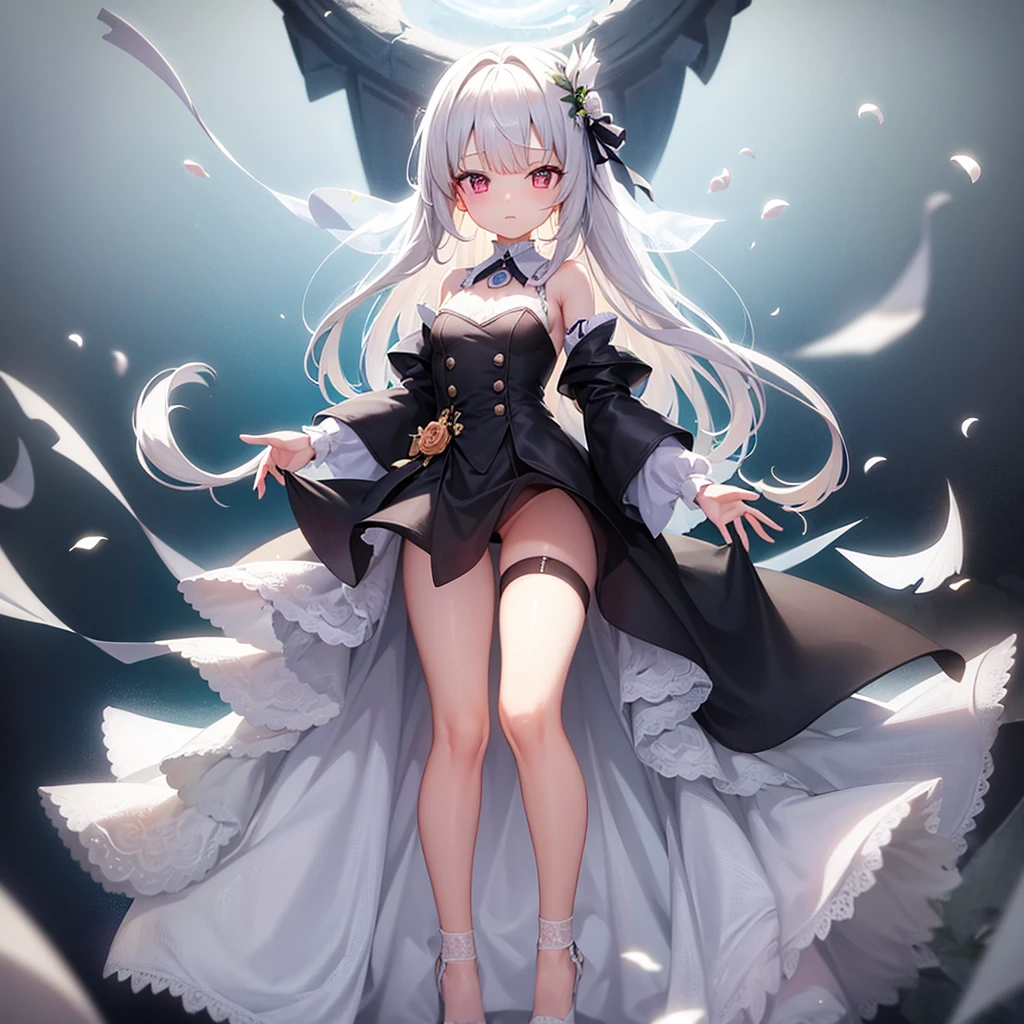 (((White Wedding Dress))), ((Revealing clothing)),((In a naughty way)),Cute little loli,Tiny Lori,Small girl,,Childish face, Very fine clean face,Top quality, Big eyes,Straight Hair,Yellow hair,Crimson Eye,(Dark Room), Subtle light, Natural light,Soft lighting,Light from directly behind, (Are standing), Cute pose, (Open your hands), Showing the whole body,Front view,Black background