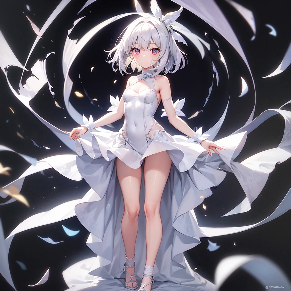 (((White Wedding Dress))), ((Revealing clothing)),((In a naughty way)),Cute little ,Tiny Lori,Small girl,,Childish face, Very fine clean face,Top quality, Big eyes,Straight Hair,Yellow hair,Crimson Eye,(Dark Room), Subtle light, Natural light,Soft lighting,Light from directly behind, (Are standing), Cute pose, (Open your hands), Showing the whole body,Front view,Black background