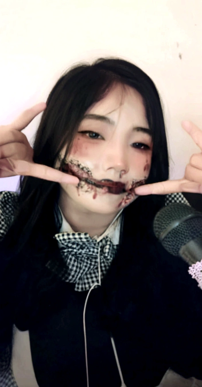 arafed woman with mouth taped to mouth and microphone in front of her, cruel korean goth girl, ahegao face, clean brutal blooded face, bloody face, scary look, ahegao, blood on clothes and face, scary face, y 2 k cutecore clowncore, with fangs, brutal bloody sluty make up, blood dripping from mouth, horror face