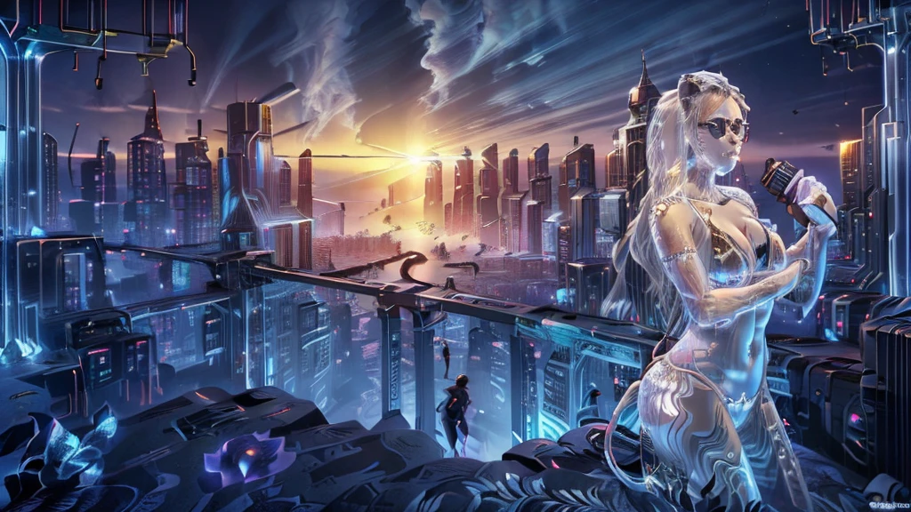 (((a medium-breast bikini slim GIRL with black micro sunglasses))), (((aiming at viewer with a pistol))), a balcony of a futuristic building, aerial view of an ultra-futuristic megalopolis, many metal buildings and houses in dark colors from dark blue to black, a cidade tem tons de cinza metal, has smoky metal structures , industrial environment with smoke and fog around, carros escuros nas ruas, desert megalopolis, trilhos e trens modernos de de metal passando estre as ruas da cidade, tall futuristic metal buildings, many ultra modern buildings around, (((glass lion statue))), realistic, detailed, sci-fi.
