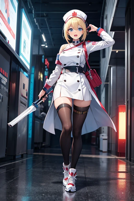 Anime Art、Full body portrait、Medic in a futuristic cyberpunk world、A woman around 38 years old, about 175cm tall, running, wearing a white shirt and a white tight skirt、Open mouth and screaming、Hairstyle is medium、Blonde、Blue Eyes、Black tights、Wearing breastplate, shoulder armor, arm guards and leg guards、headset、Nurse cap、sports boots