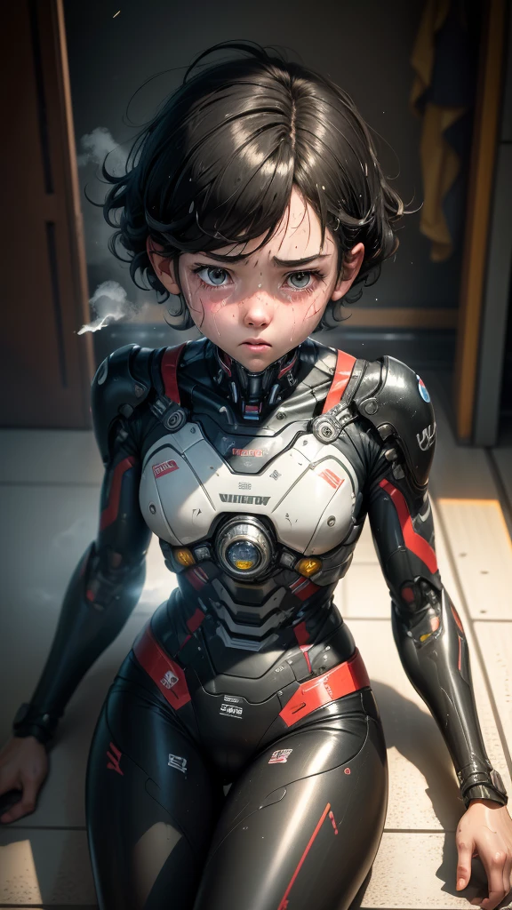 Highest quality　8k Cyborg Suit Girl　Elementary school girl　Sweaty face　cute　Boyish short hair　Very short hair　Steam coming out of my head　My hair is wet with sweat　Black Hair　Broken and unable to move　　Lying down　Soaked Face　My crotch is wet