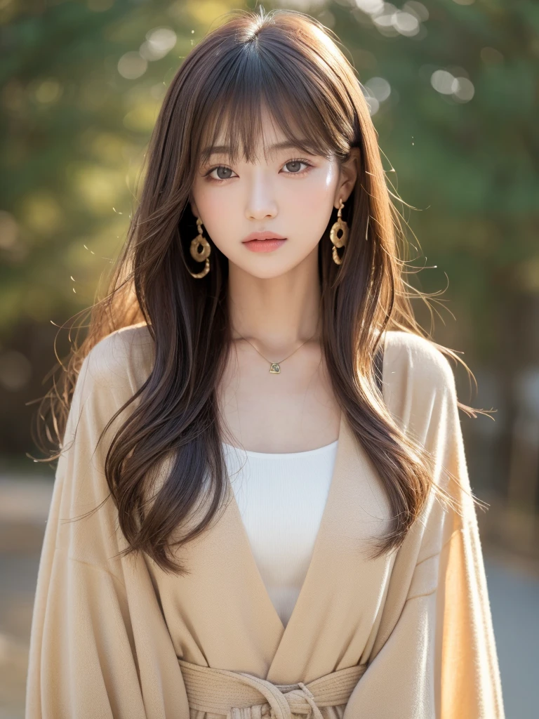  ((Highest quality, 8K, masterpiece:1.3)), concentrate: 1.2, Perfect body beauty: 1.4, Hips: 1.2, ((Long Hair, chest: 1.2)), (Dry clothes: 1.1) , (clear, Simple Background:1.3), Simple clothes: 1.1, Highly detailed face and skin texture,Delicate eyes, double eyelid, Whitened skin, Rough skin、Long Hair、Earrings with bangs、necklace、 solo、Beige coat、White shirt,  (((Beautiful girl with cute Japan)))、  ((Beautiful Japanese girl 20 years old))、 (())、 (((Slender body)))、  Upper Body，Face focus、necklace，Simple Background，From above， Realistic Hair、 A photograph was taken:Canon EOS R6、135mm、1/1250 seconds、f2.8、ISO400、(Detailed explanation of the hand)、(Masseter muscle area)、(Exquisite CG)、Long Hair, loose and curly hair、Korean Hair、Long Hair明るいベージュ色、グラデーションハイライトグレージュのゆるふわLong Hairスタイル、