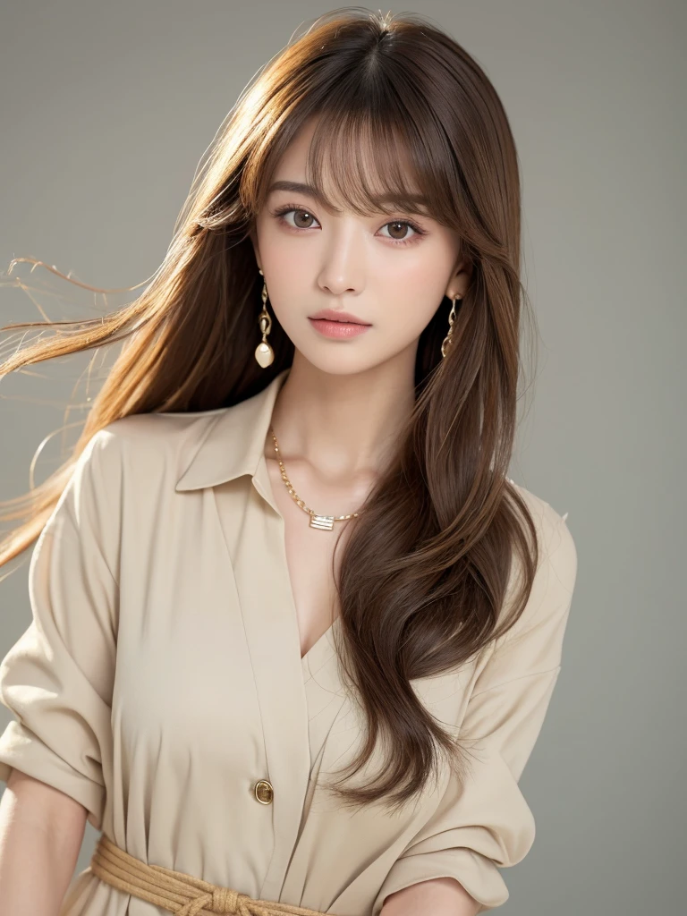 ((Highest quality, 8K, masterpiece:1.3)), concentrate: 1.2, Perfect body beauty: 1.4, Hips: 1.2, ((Long Hair, chest: 1.2)), (Dry clothes: 1.1) , (clear, Simple Background:1.3), Simple clothes: 1.1, Highly detailed face and skin texture,Delicate eyes, double eyelid, Whitened skin, Rough skin、Long Hair、Earrings with bangs、necklace、 solo、Beige coat、White shirt, (((Beautiful girl with cute Japan)))、 ((Beautiful Japanese girl 20 years old))、 (())、 (((Slender body)))、 Upper Body,Face focus、necklace,Simple Background,From above, Realistic Hair、 A photograph was taken:Canon EOS R6、135mm、1/1250 seconds、f2.8、ISO400、(Detailed explanation of the hand)、(Masseter muscle area)、(Exquisite CG)、Long Hair, loose and curly hair、Korean Hair、Long Hair明るいベージュ色、グラデーションハイライトグレージュのゆるふわLong Hairスタイル、