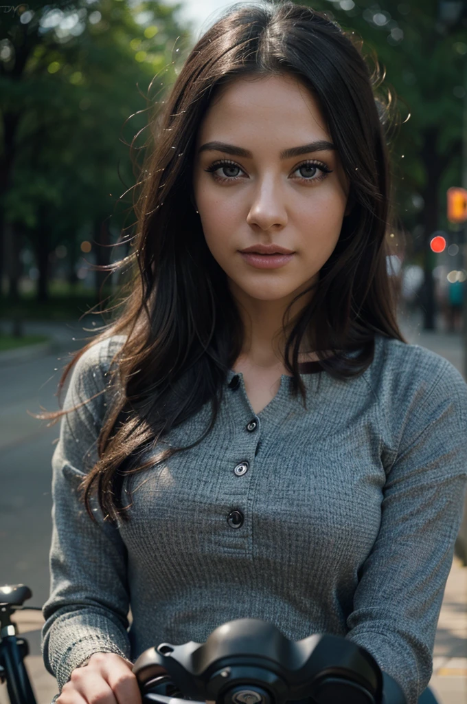 beautiful detailed eyes, beautiful detailed lips, extremely detailed eyes and face, longeyelashes, 1girl, riding bicycle, citypark, dark hair, beautiful girl, cinematic lighting, vibrant colors, intricate details, photorealistic, (best quality,4k,8k,highres,masterpiece:1.2),ultra-detailed,(realistic,photorealistic,photo-realistic:1.37),digital painting,concept art