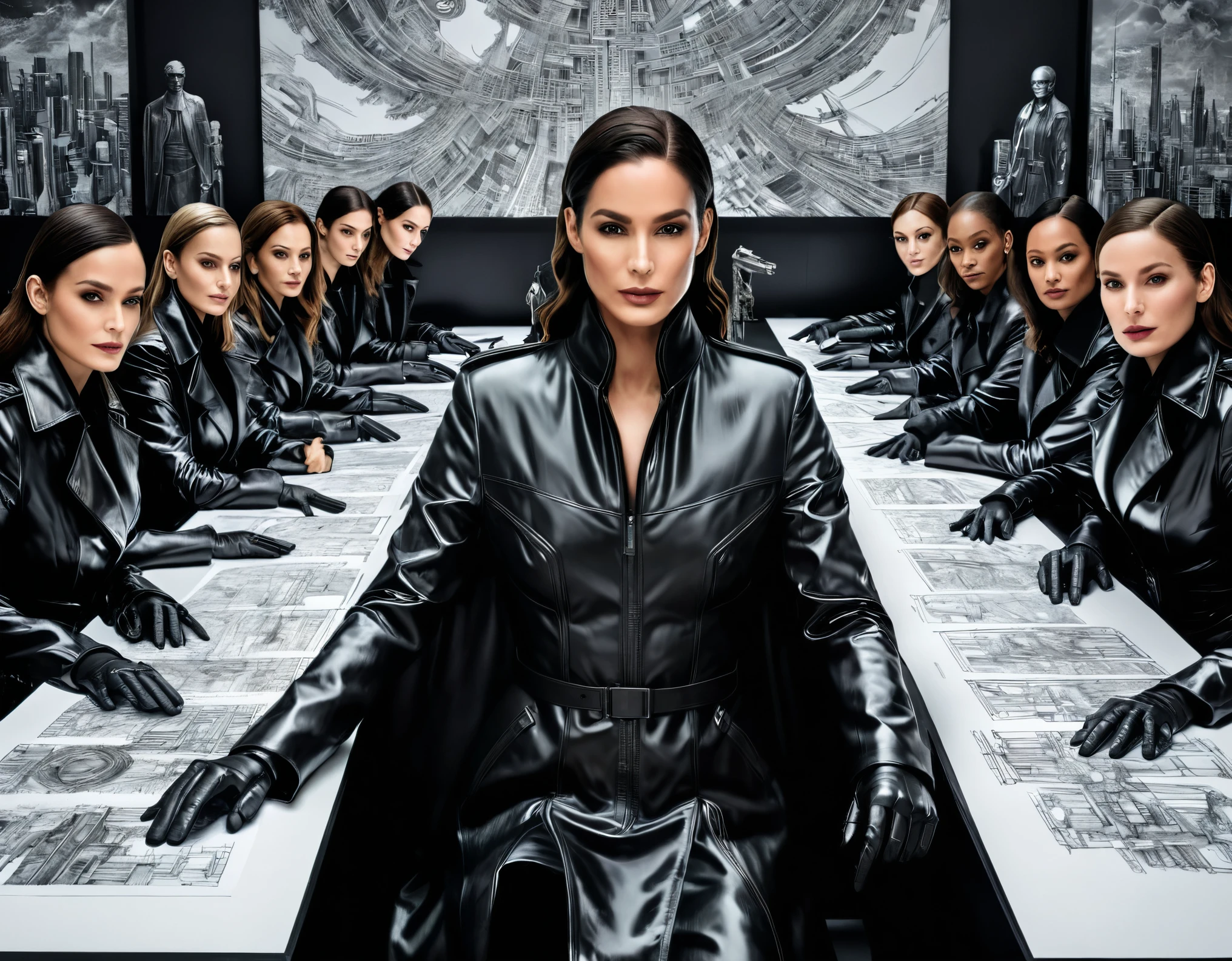 (On a sheet of paper placed on a large desk, Drawing large 4D figurines in stunning and breathtaking uhd ink style), Trinity, a group of ten sublime women in high detailed Black trench coat, matrix style, futuristic city center,  fully detailed, high quality, high resolution, proportions parfaites, masterpiece, hyperRéaliste, masterpiece, superior quality, high resolution, Extremely detailed faces, highly detailed 8K wallpaper, détails fractales