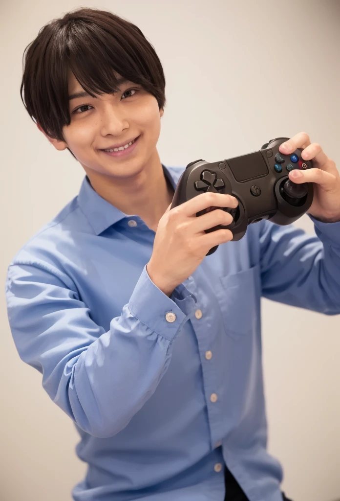 male　youth　university student　Japanese　A refreshing look　holding a game controller in hand　looking at the camera　smile　Wide angle　White background　Surprised expression