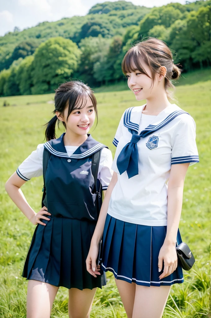 2 girls walking in rural field,long train on far side,cumulonimbus cloud in summer blue sky,white sailor shirt,navy blue pleated skirt,student bag,18-year-old,bangs,a little smile,thighs,knees,wet short hair with low pigtails bunches,from beside,front light