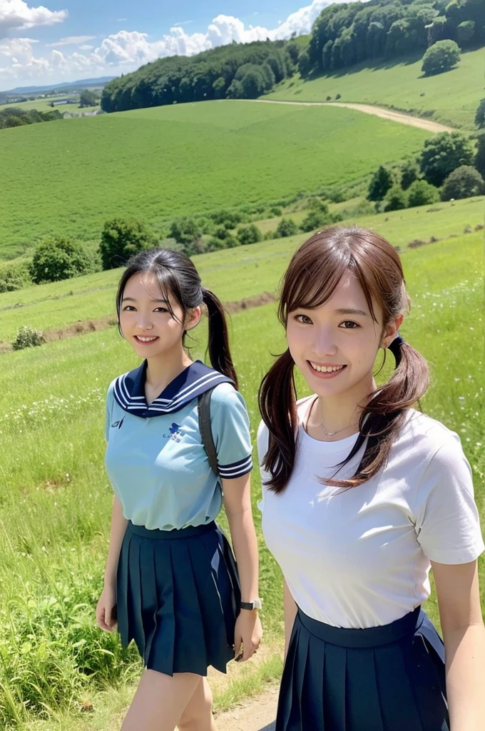 2 girls walking in rural field,long train on far side,cumulonimbus cloud in summer blue sky,white sailor shirt,navy blue pleated skirt,student bag,18-year-old,bangs,a little smile,thighs,knees,wet short hair with low pigtails bunches,from beside,front light