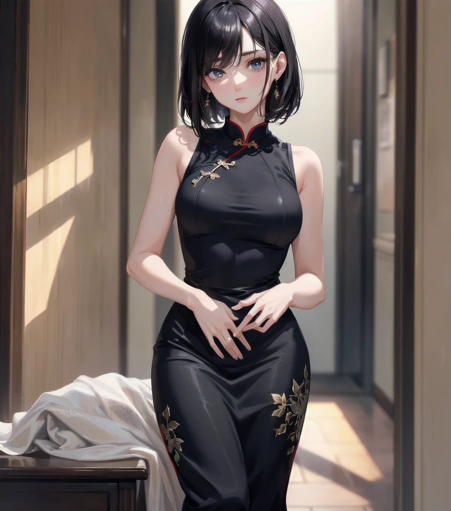 absurdres, RAW photo, extremely delicate and beautiful, masterpiece, Best Quality, ultra high resolution, 32k, hyperrealistic, ultra-detailed, late 20s, very Slim body, narrow waist, very small head, handsome detailed woman, very detailed eyes and face, realistic face proportions, Stunning detailed eyes, Realistic beautiful face, very small face, Realistic small beautiful eyes, delicate facial features, tearful mole, earring, very huge round breasts, ((full body shot)), medium hair, black hair, ((cheongsam)),