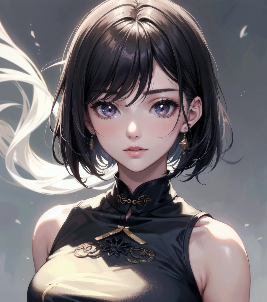 absurdres, RAW photo, extremely delicate and beautiful, masterpiece, Best Quality, ultra high resolution, 32k, hyperrealistic, ultra-detailed, late 20s, very Slim body, narrow waist, very small head, handsome detailed woman, very detailed eyes and face, realistic face proportions, Stunning detailed eyes, Realistic beautiful face, very small face, Realistic small beautiful eyes, delicate facial features, tearful mole, earring, very huge round breasts, ((full body shot)), medium hair, black hair, ((cheongsam)),