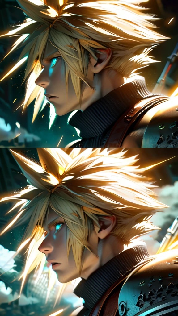 Symetrical,absurdres, highres, ultra detailed, HDR, masterpiece, extremely detailed face and eyes, Cloud Strife,final fantasy 7, yellow hair , , solo, man, handsome, ,, , Epic fight scene, yellow lightning effect, glowing glitters, symetrical 