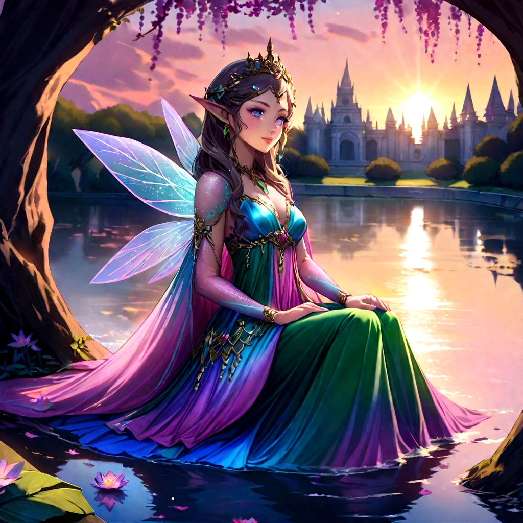 A beautiful young female elf, dressed in an elegant bright multicolored dress, long and pompous. She is sitting on the shore of a magical lake with clear waters.. His feet are in water. Against the backdrop of a beautiful sunset that highlights the figure of the elf and her beautiful face, You can also see an elven palace that appears to be made of glass in the reflection of sunlight., the image evokes pair, tranquility and beauty, hyperdetailed, soft light, real lights and shadows.