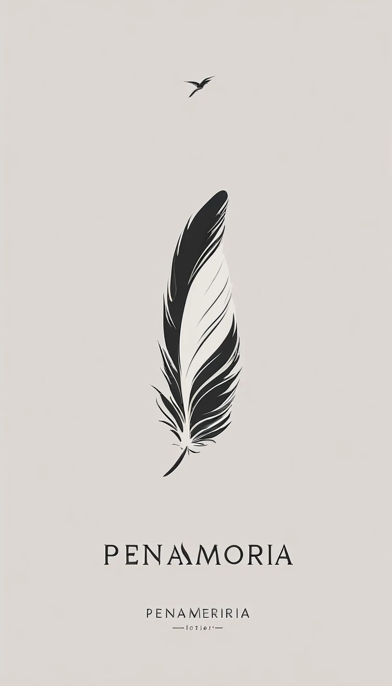 A minimal, modern, simple, cinematic logo design for the brand “Penamemoria". Create a modern, minimalistic, high-quality, logo of a bird feather