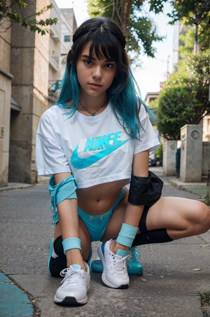  teenager with short shorts and black nylon stockings ,white t-shirt and bracelets in her hands with turquoise nike sneakers 