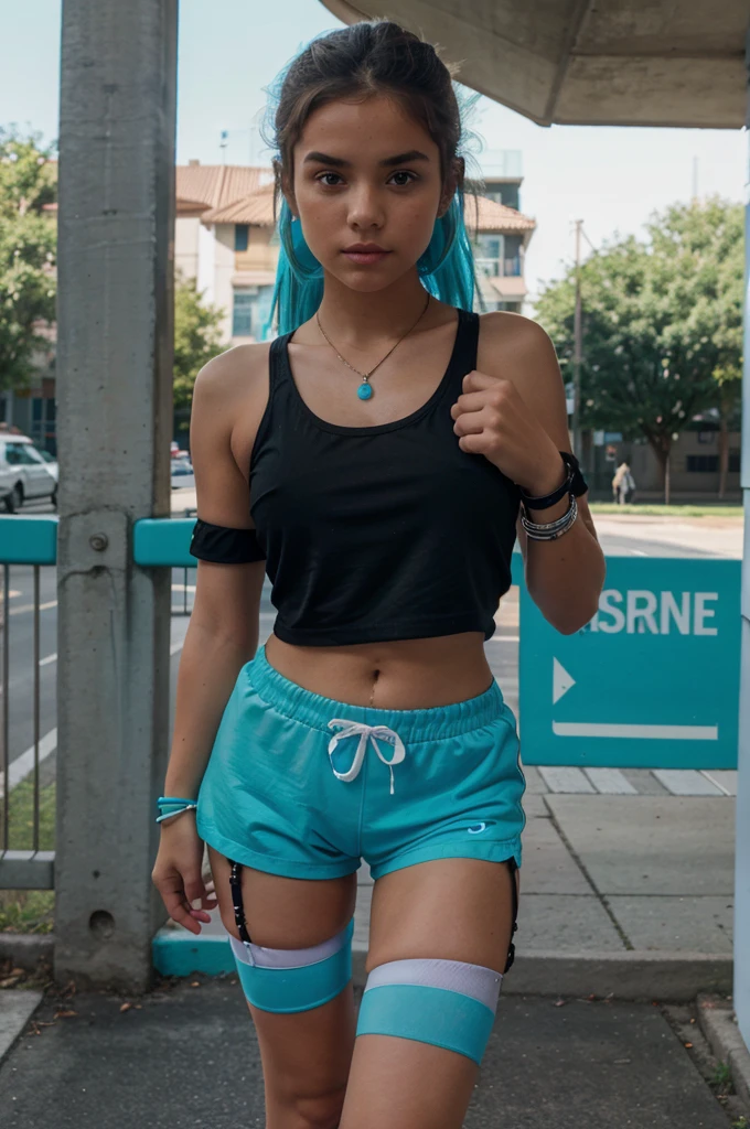 teenager with short shorts and black nylon stockings ,white t-shirt and bracelets in her hands with turquoise nike sneakers