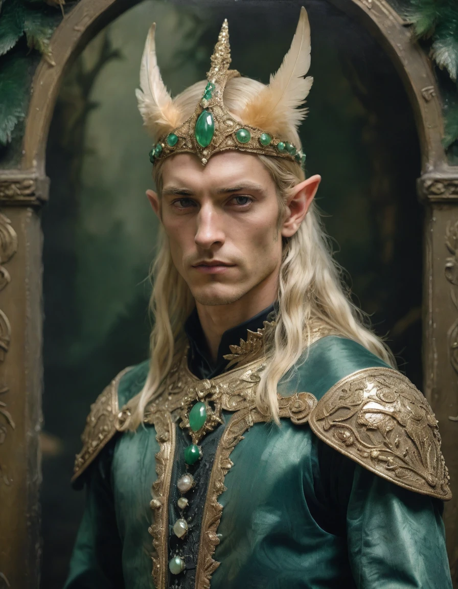 {{Masterpiece, daguerreotype on old paper, monochrome}}, by Moebius, by Théodore Géricault, the composition is: ((Beautiful Male high elf knight, elf ears, blonde, long hair, tan skin, chiseled face, cruel, sadistic, arrogant, villain. Wearing, art déco robes made of feathers and holographic fabric, with sequin elements, pendants of jade beads and pearls, bird symbology, star symbology. Jungle, art nouveau background))
